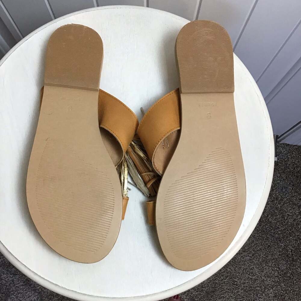 Skemo Bohéme Leather Tassel Slide Sandals Size 9 Tan Gold Boho Summer Chic - Picture 2 of 8